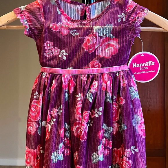 Nannette Kids Girls Pleated Tulle Overlay Velvet Ribbon Waist Rose Dress 2T 4T - Picture 6 of 8